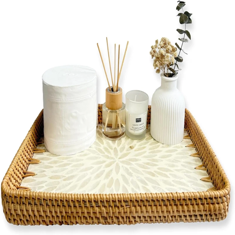 Rattan Rectangle Tray with Mother of Pearl Inlay 13.3"